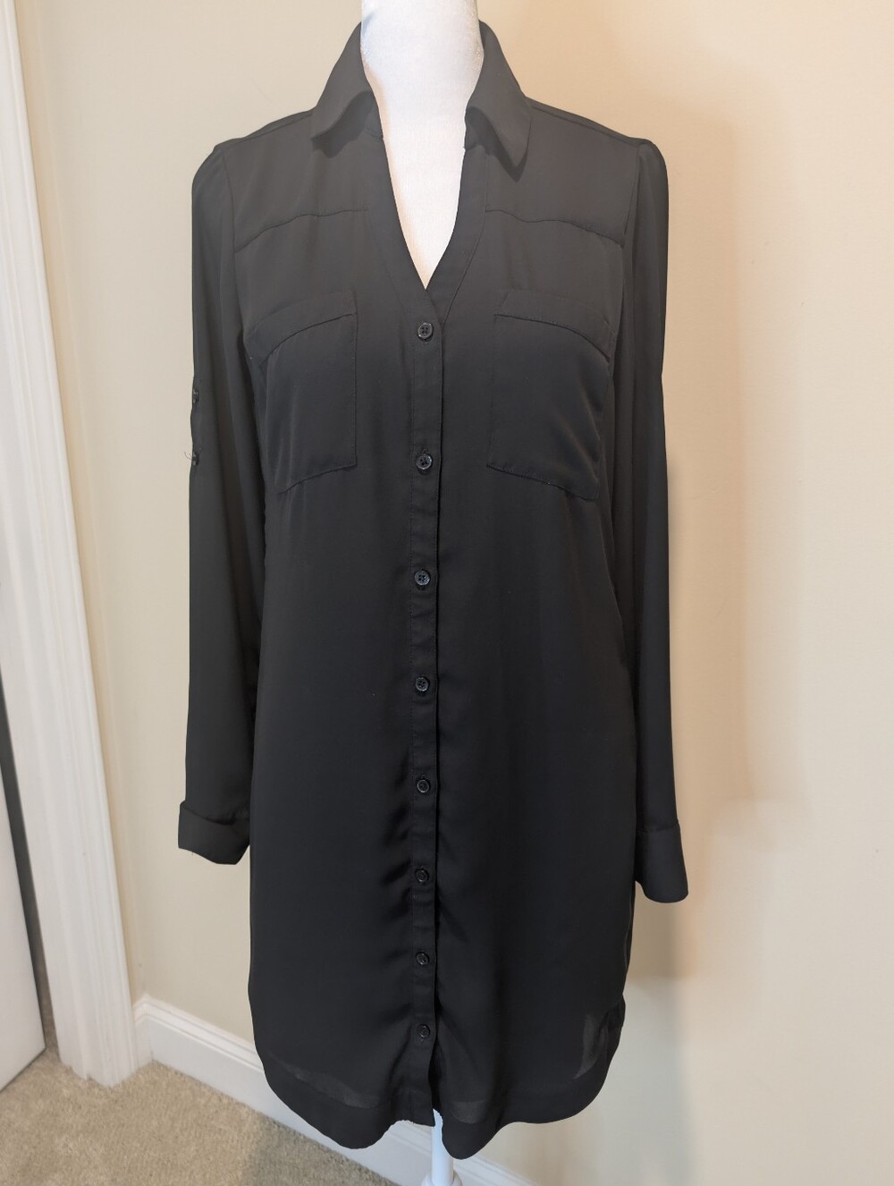 Express Portofino Black Long-Sleeve Button-Front Shirt Dress